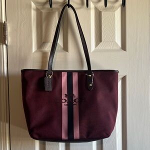 Coach Burgundy Top Zip Tote with Pink and Black Center Stripes